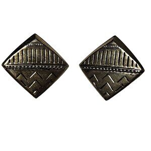 Vintage Brass Diamond Shaped Stud Earrings Tribal Geometric Design Jewelry